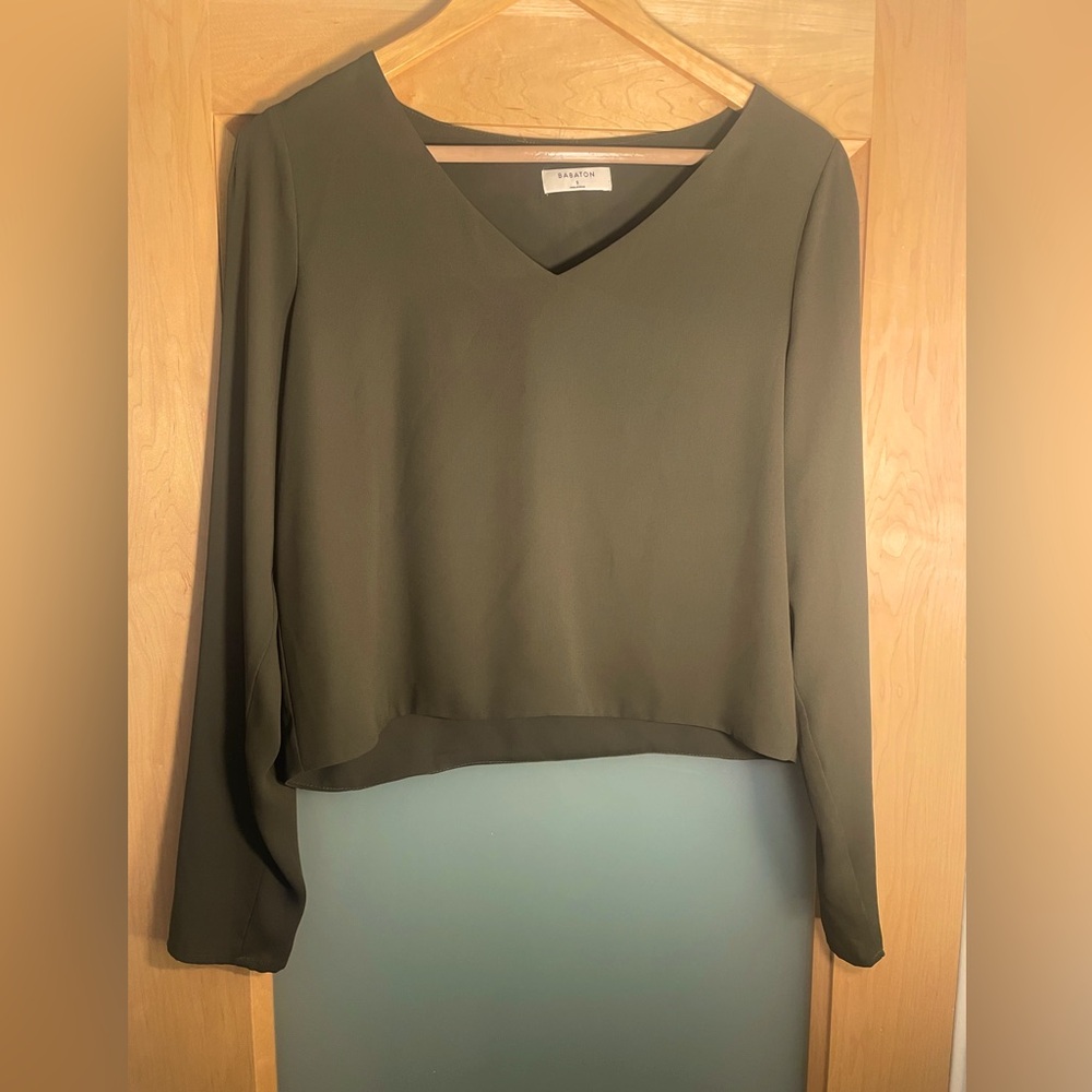Babaton olive green silk blouse.